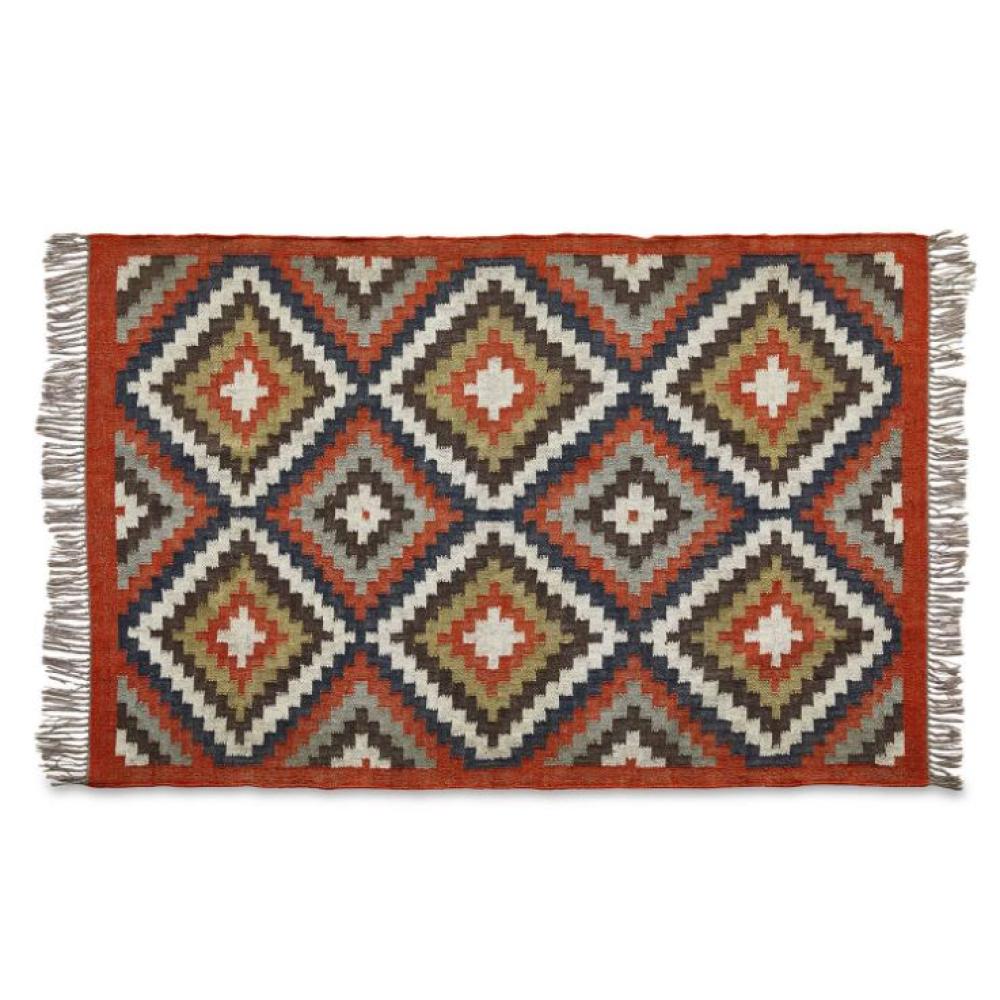 vzorovany juta koberec rombus modra zelena cervena siva strapcovy vintage textil domov chata obyvacia izba spalna.jpg